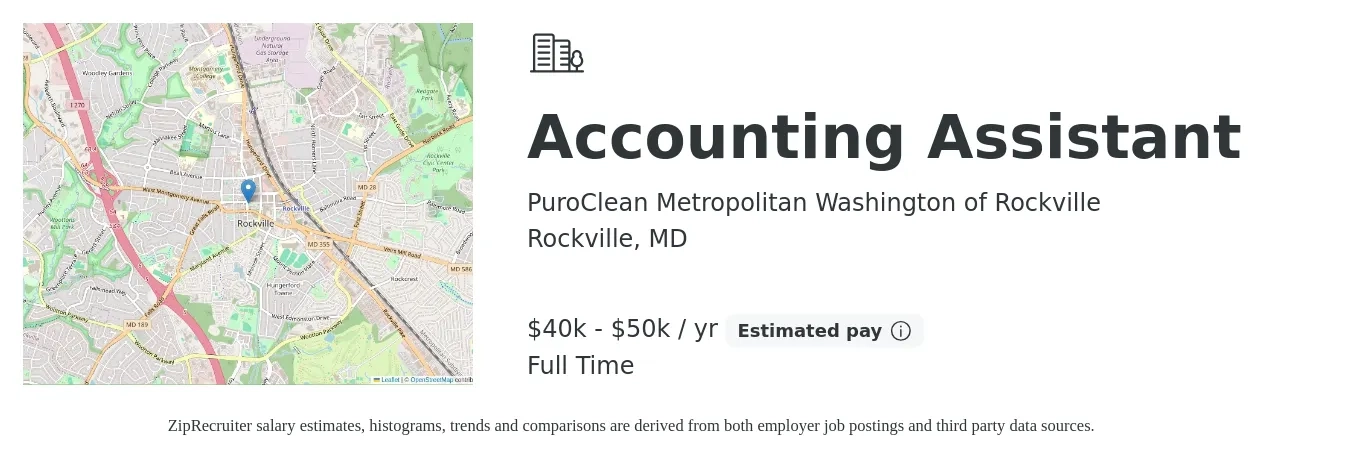 PuroClean Metropolitan Washington of Rockville job posting for a Accounting Assistant in Rockville, MD with a salary of $40,000 to $50,000 Yearly with a map of Rockville location.
