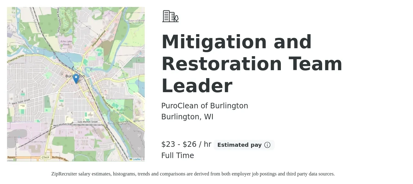 PuroClean of Burlington job posting for a Mitigation and Restoration Team Leader in Burlington, WI with a salary of $24 to $28 Hourly with a map of Burlington location.