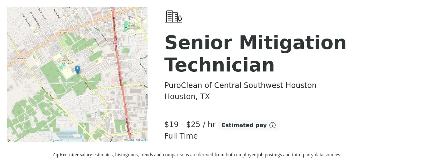 PuroClean of Central Southwest Houston job posting for a Senior Mitigation Technician in Houston, TX with a salary of $20 to $27 Hourly with a map of Houston location.