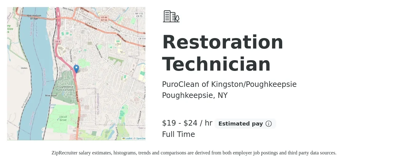 PuroClean of Kingston/Poughkeepsie job posting for a Restoration Technician in Poughkeepsie, NY with a salary of $20 to $25 Hourly with a map of Poughkeepsie location.