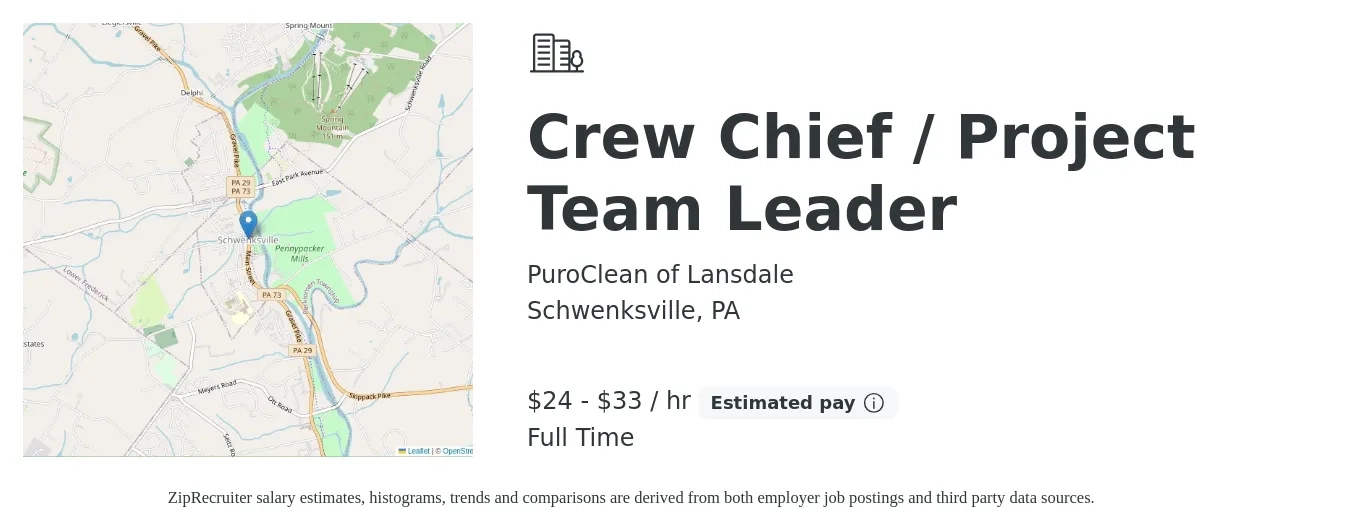 PuroClean of Lansdale job posting for a Crew Chief / Project Team Leader in Schwenksville, PA with a salary of $25 to $35 Hourly with a map of Schwenksville location.