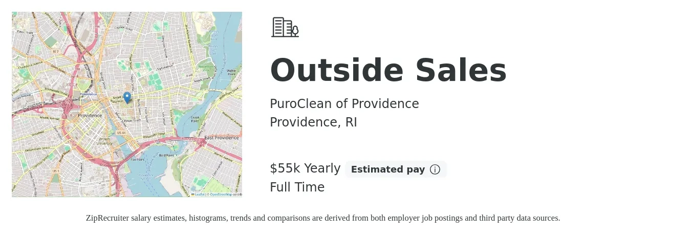 PuroClean of Providence job posting for a Outside Sales in Providence, RI with a salary of $55,000 Yearly with a map of Providence location.