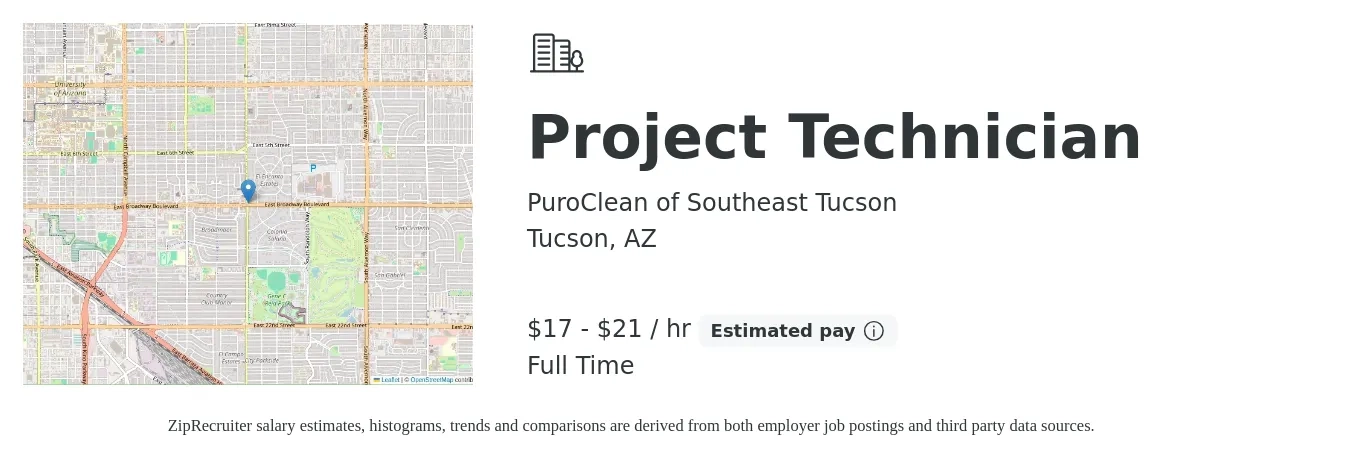 PuroClean of Southeast Tucson job posting for a Project Technician in Tucson, AZ with a salary of $18 to $22 Hourly with a map of Tucson location.