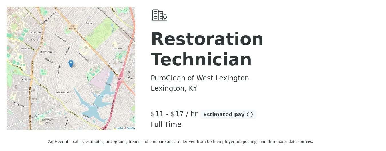 PuroClean of West Lexington job posting for a Restoration Technician in Lexington, KY with a salary of $12 to $18 Hourly with a map of Lexington location.