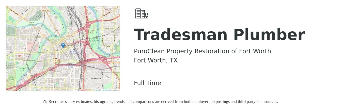 PuroClean Property Restoration of Fort Worth job posting for a Tradesman Plumber in Fort Worth, TX with a salary of $28 to $42 Hourly with a map of Fort Worth location.