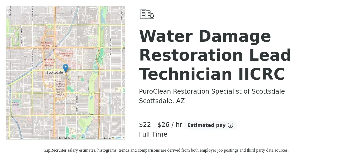PuroClean Restoration Specialist of Scottsdale job posting for a Water Damage Restoration Lead Technician IICRC in Scottsdale, AZ with a salary of $23 to $28 Hourly with a map of Scottsdale location.