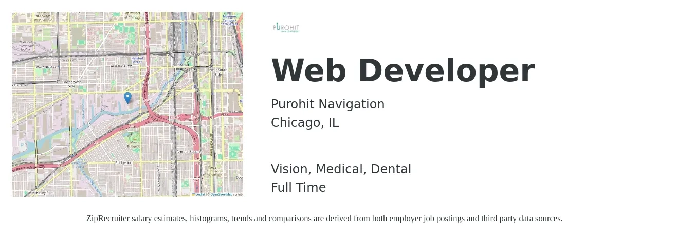Purohit Navigation job posting for a Web Developer in Chicago, IL with a salary of $37 to $58 Hourly and benefits including retirement, vision, dental, life_insurance, and medical with a map of Chicago location.