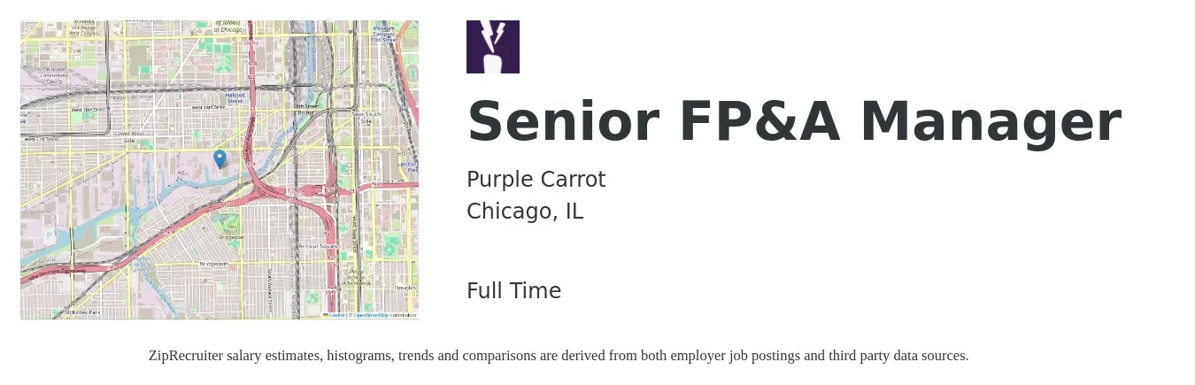 Purple Carrot job posting for a Senior FP&A Manager in Chicago, IL with a salary of $112,300 to $153,000 Yearly with a map of Chicago location.