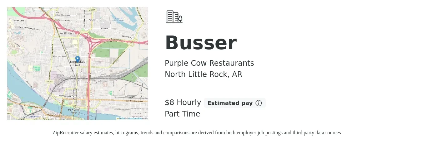 Purple Cow Restaurants job posting for a Busser in North Little Rock, AR with a salary of $9 to $14 Hourly with a map of North Little Rock location.