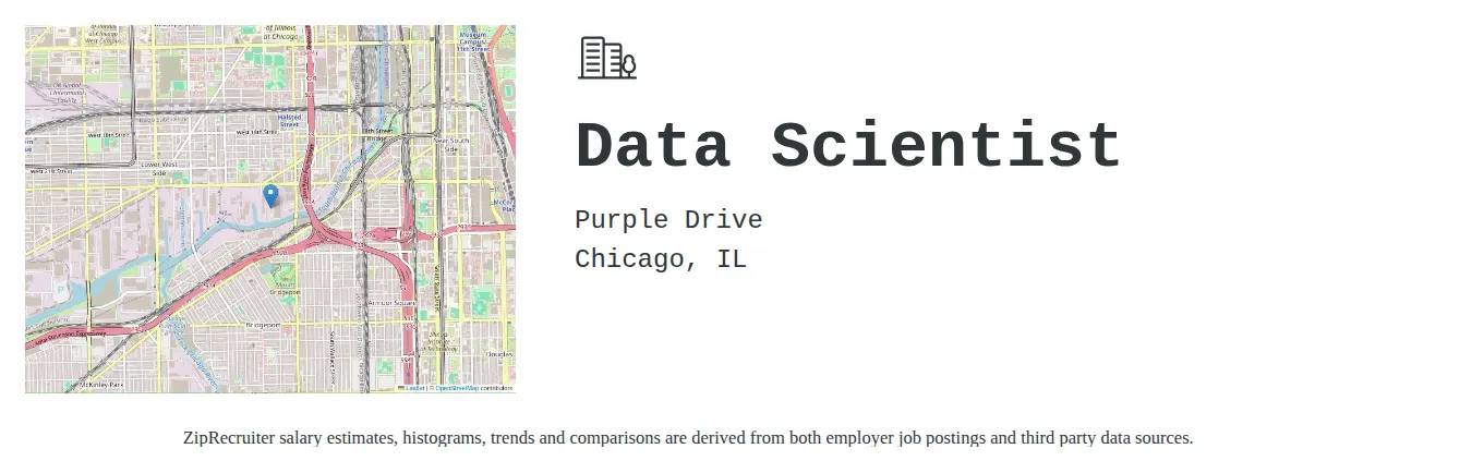 Purple Drive job posting for a Data Scientist in Chicago, IL with a salary of $101,500 to $140,200 Annually with a map of Chicago location.