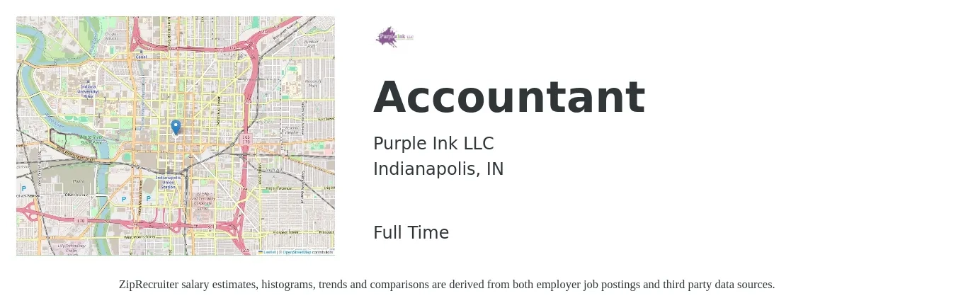 Purple Ink LLC job posting for a Accountant in Indianapolis, IN with a salary of $55,000 to $70,000 Yearly with a map of Indianapolis location.