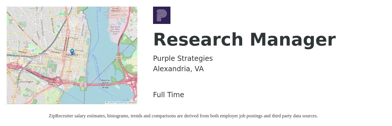 Purple Strategies job posting for a Research Manager in Alexandria, VA with a salary of $77,100 to $122,600 Yearly with a map of Alexandria location.