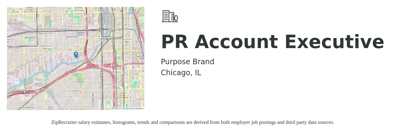 Purpose Brand job posting for a PR Account Executive in Chicago, IL with a salary of $60,300 to $84,500 Yearly with a map of Chicago location.