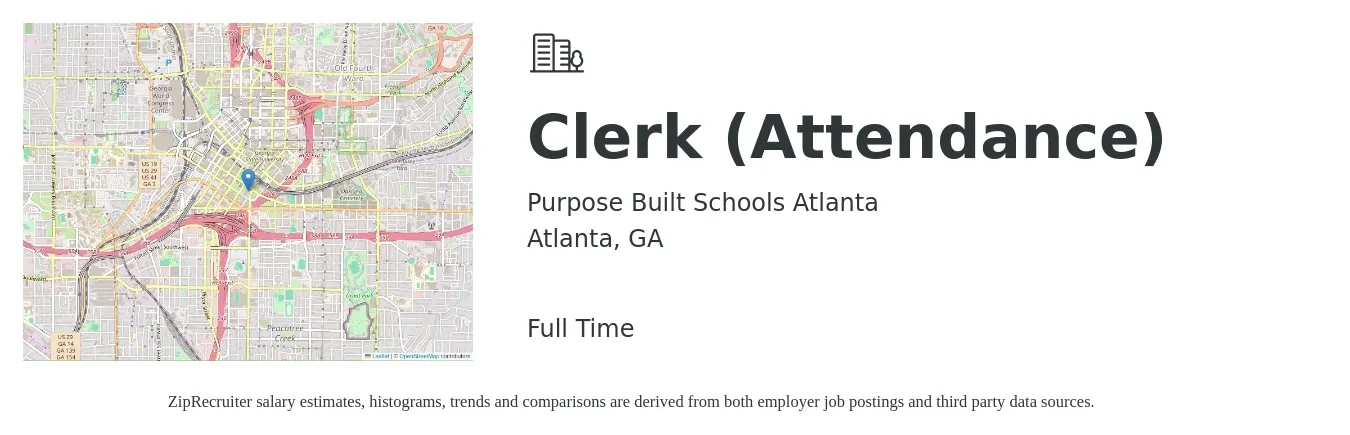 Purpose Built Schools Atlanta job posting for a Clerk (Attendance) in Atlanta, GA with a salary of $14 to $17 Hourly with a map of Atlanta location.