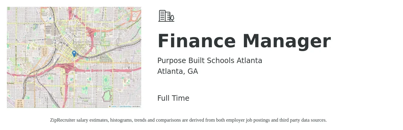 Purpose Built Schools Atlanta job posting for a Finance Manager in Atlanta, GA with a salary of $81,900 to $145,600 Yearly with a map of Atlanta location.