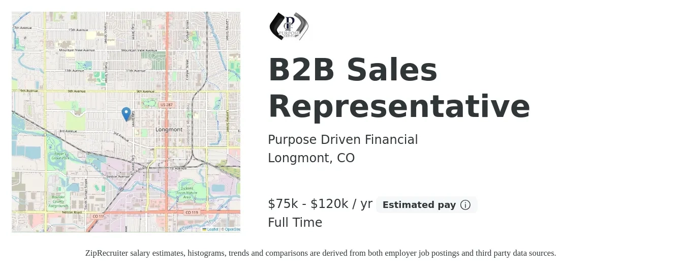 Purpose Driven Financial job posting for a B2B Sales Representative in Longmont, CO with a salary of $75,000 to $120,000 Yearly and benefits including retirement with a map of Longmont location.