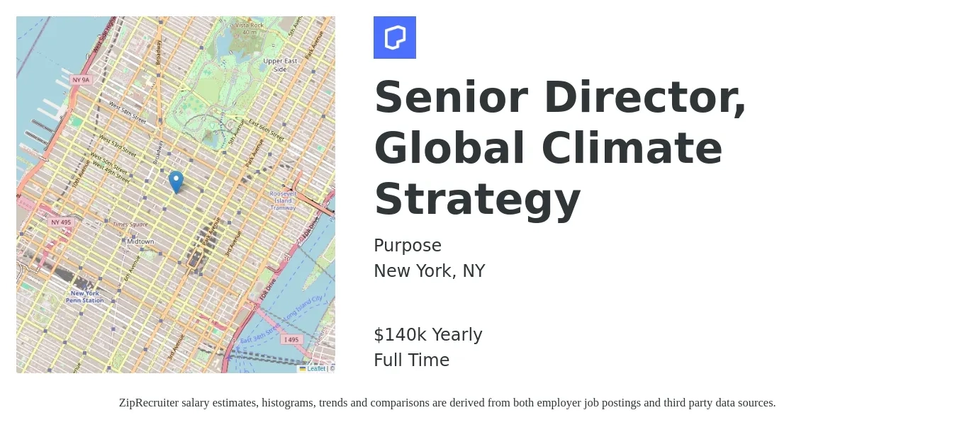 Purpose job posting for a Senior Director, Global Climate Strategy in New York, NY with a salary of $140,000 Yearly with a map of New York location.