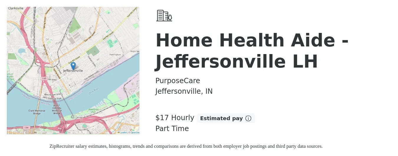 PurposeCare job posting for a Home Health Aide - Jeffersonville LH in Jeffersonville, IN with a salary of $18 Yearly with a map of Jeffersonville location.
