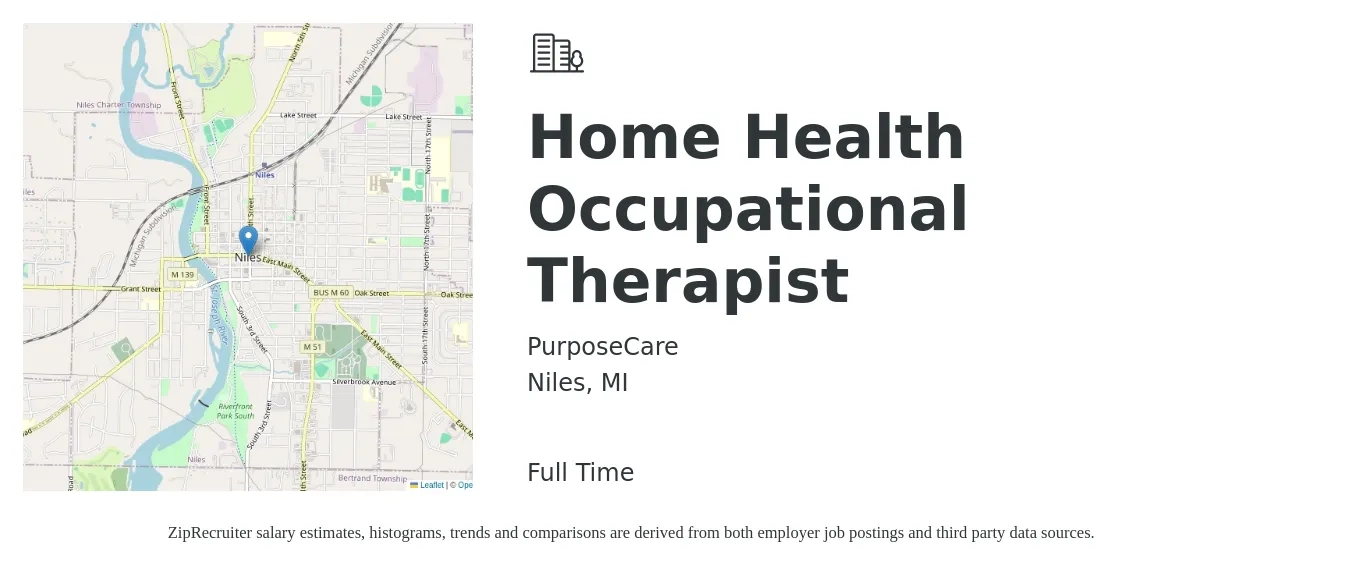 PurposeCare job posting for a Home Health Occupational Therapist in Niles, MI with a salary of $38 to $48 Hourly with a map of Niles location.