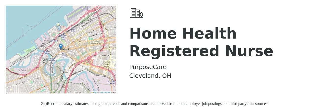 PurposeCare job posting for a Home Health Registered Nurse in Cleveland, OH with a salary of $1,540 to $2,310 Weekly with a map of Cleveland location.