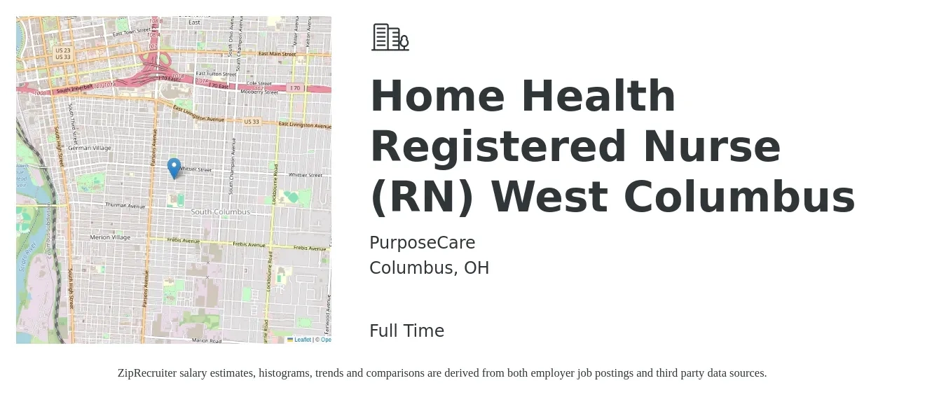 PurposeCare job posting for a Home Health Registered Nurse (RN) West Columbus in Columbus, OH with a salary of $1,540 to $2,300 Weekly with a map of Columbus location.