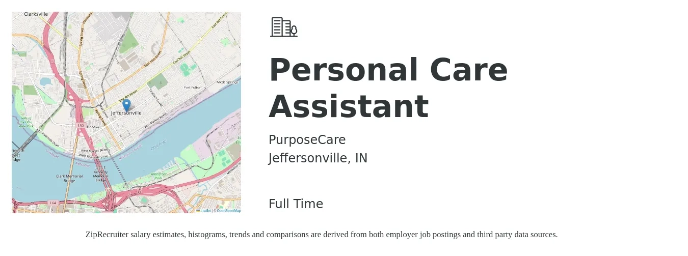 PurposeCare job posting for a Personal Care Assistant in Jeffersonville, IN with a salary of $14 Hourly with a map of Jeffersonville location.