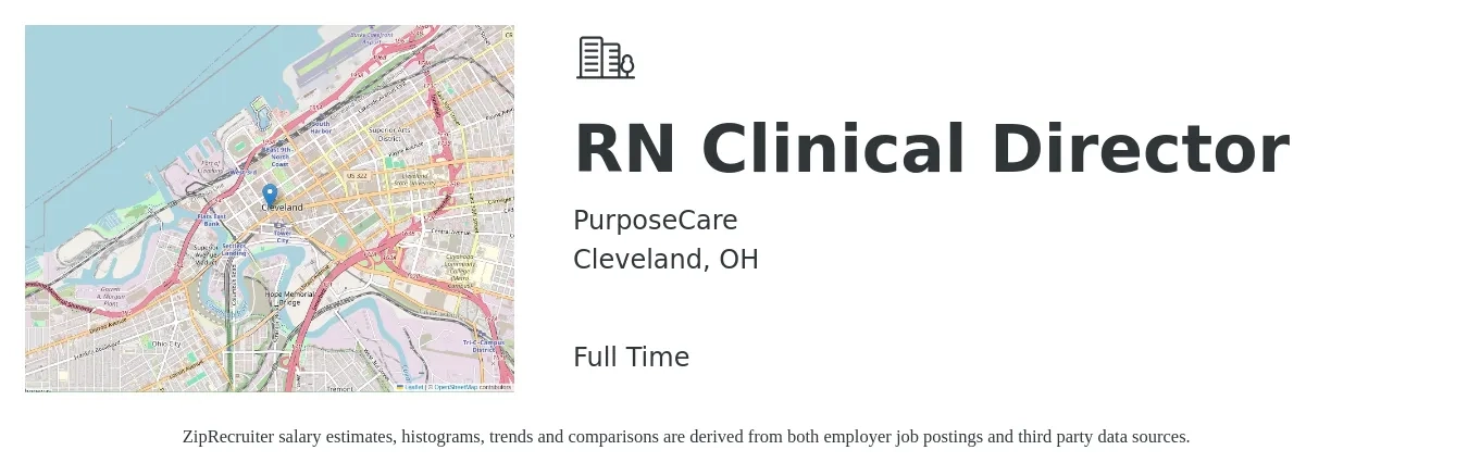 PurposeCare job posting for a RN Clinical Director in Cleveland, OH with a salary of $77,600 to $105,700 Yearly with a map of Cleveland location.