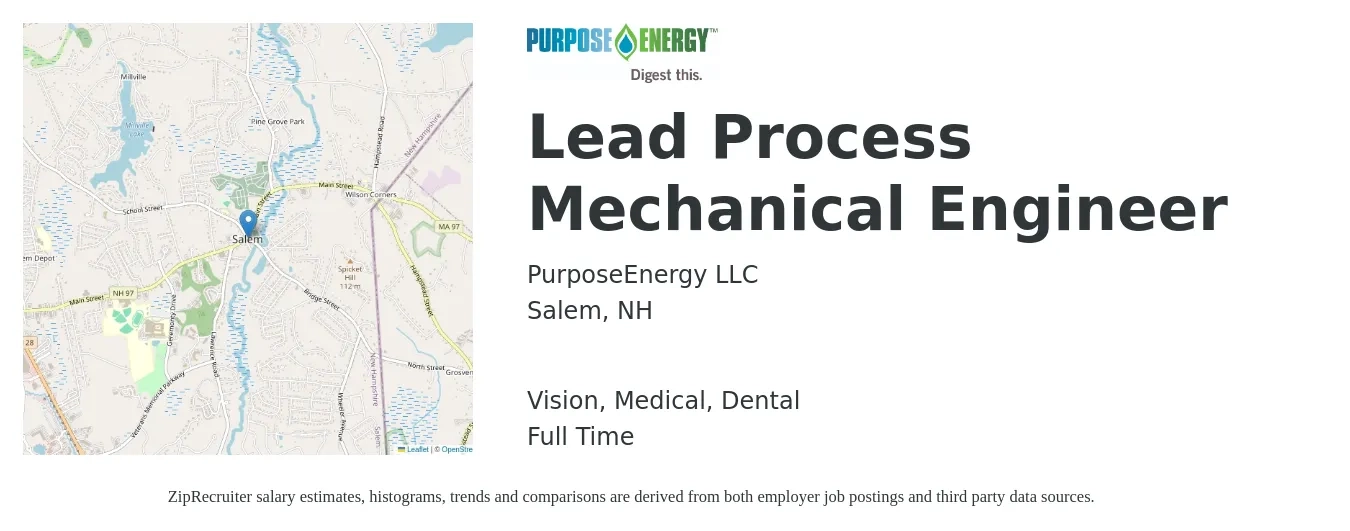 PurposeEnergy LLC job posting for a Lead Process Mechanical Engineer in Salem, NH with a salary of $73,400 to $96,900 Yearly and benefits including medical, pto, retirement, vision, and dental with a map of Salem location.