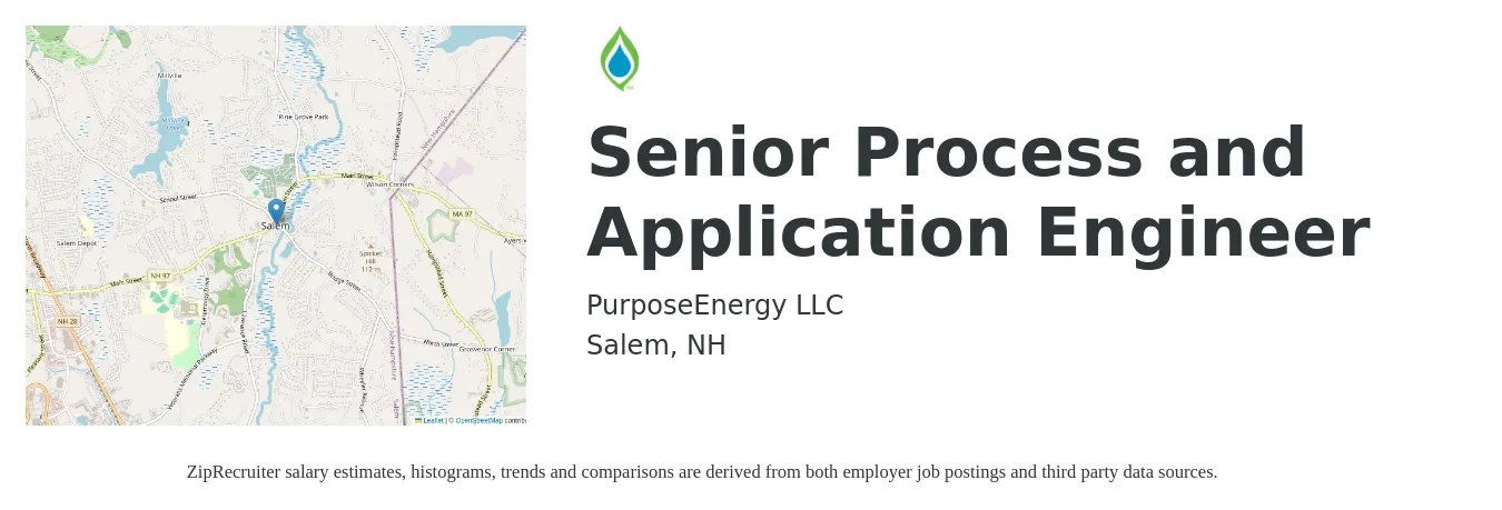 PurposeEnergy job posting for a Senior Process and Application Engineer in Salem, NH with a salary of $103,800 to $134,300 Yearly with a map of Salem location.