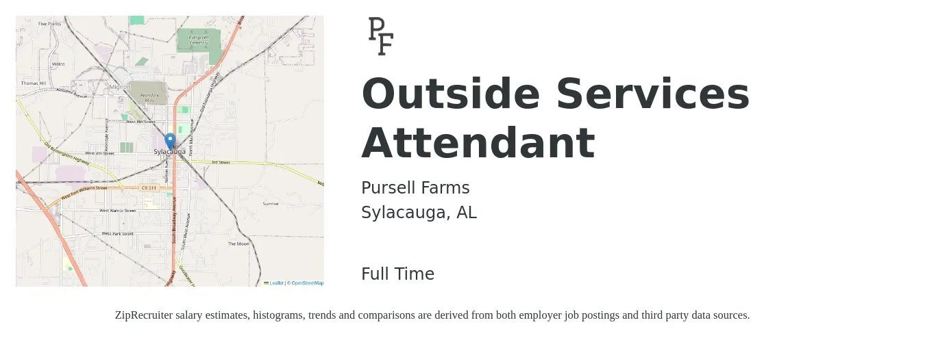 Pursell Farms job posting for a Outside Services Attendant in Sylacauga, AL with a salary of $12 to $14 Hourly with a map of Sylacauga location.