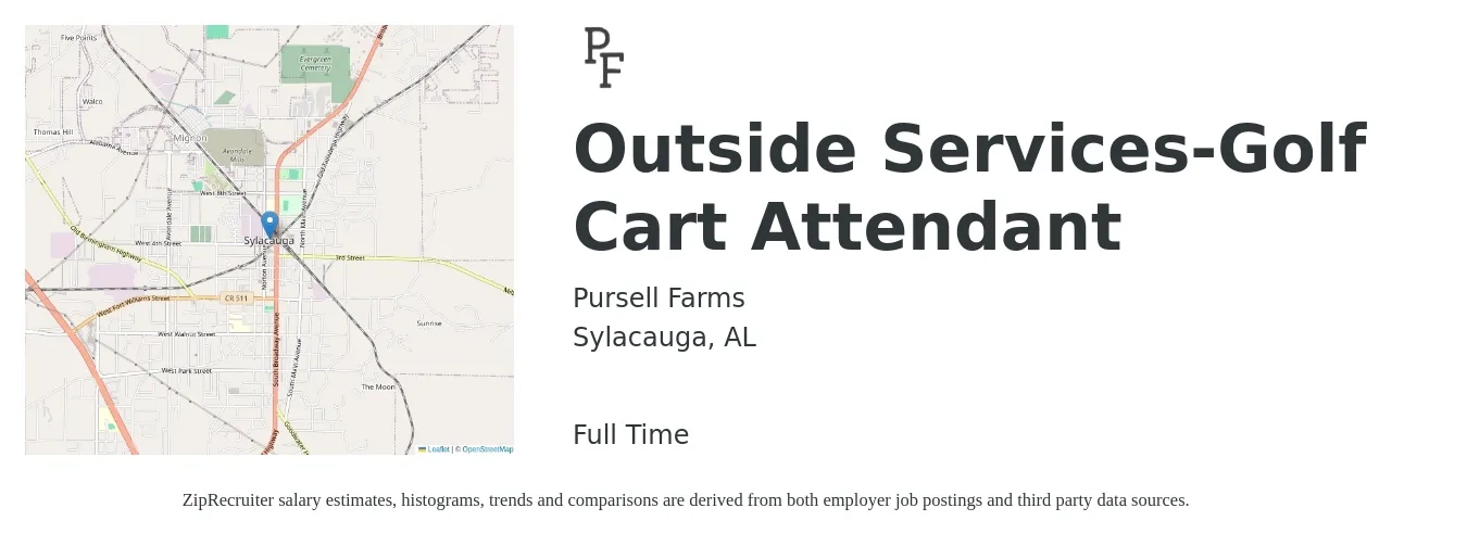 Pursell Farms job posting for a Outside Services-Golf Cart Attendant in Sylacauga, AL with a salary of $9 to $13 Hourly with a map of Sylacauga location.