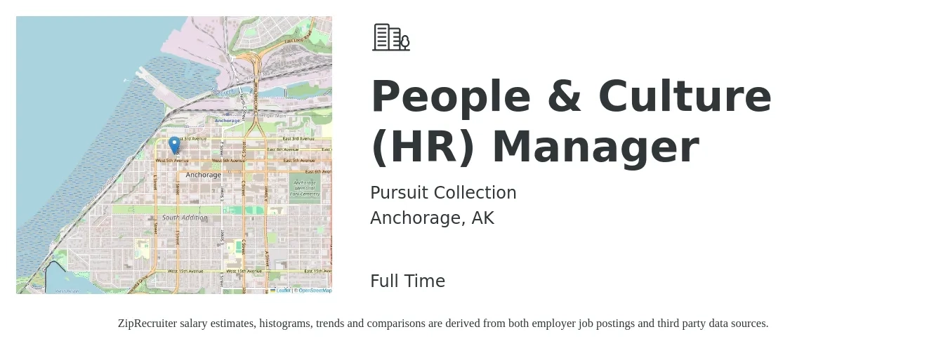Pursuit Collection job posting for a People & Culture (HR) Manager in Anchorage, AK with a salary of $70,600 to $102,300 Yearly with a map of Anchorage location.