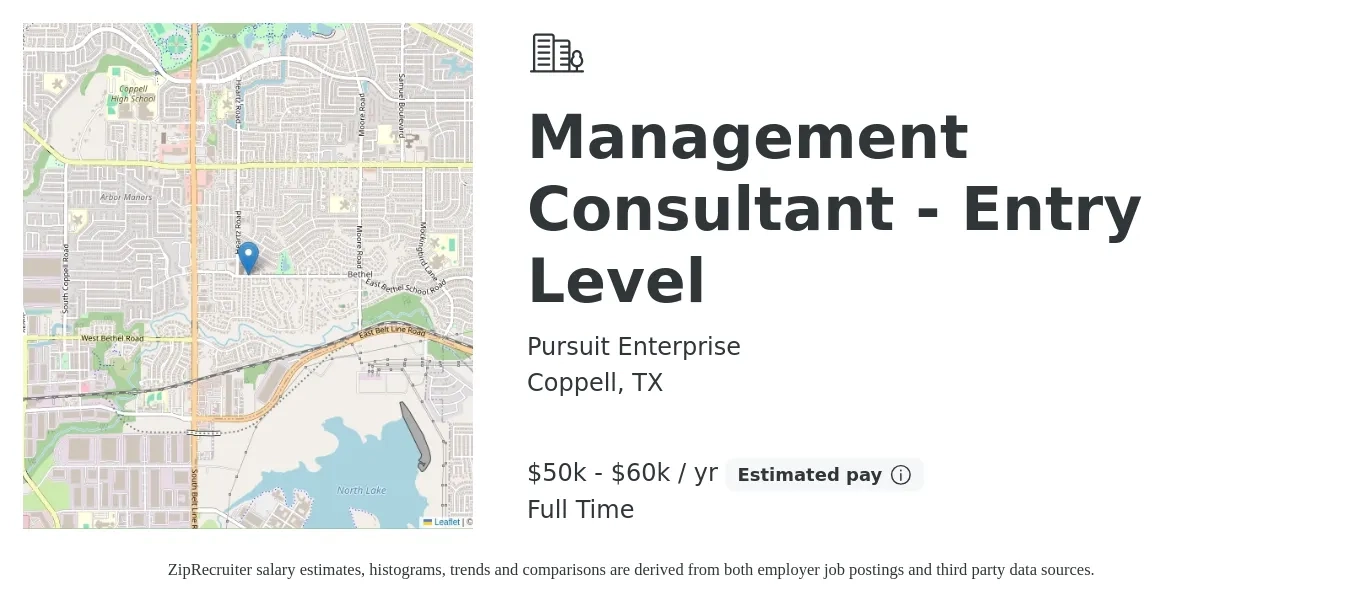Pursuit Enterprise job posting for a Management Consultant - Entry Level in Coppell, TX with a salary of $50,000 to $60,000 Yearly with a map of Coppell location.