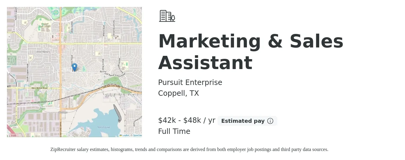 Pursuit Enterprise job posting for a Marketing & Sales Assistant in Coppell, TX with a salary of $42,000 to $48,000 Yearly with a map of Coppell location.