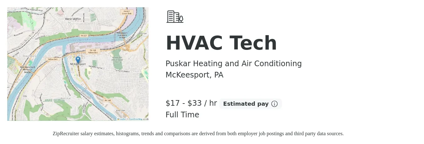 Puskar Heating and Air Conditioning job posting for a HVAC Tech in McKeesport, PA with a salary of $18 to $35 Hourly with a map of McKeesport location.