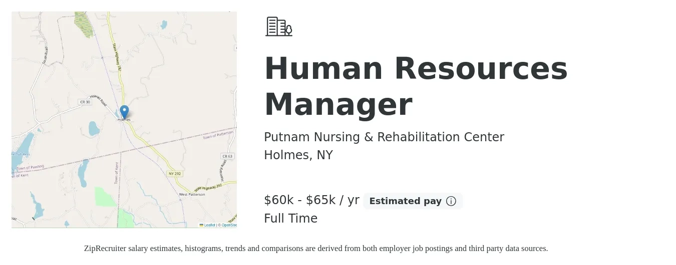 Putnam Nursing & Rehabilitation Center job posting for a Human Resources Manager in Holmes, NY with a salary of $60,000 to $65,000 Yearly with a map of Holmes location.