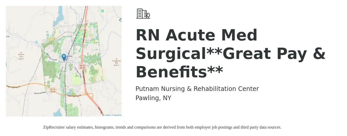 Putnam Nursing & Rehabilitation Center job posting for a RN Acute Med Surgical**Great Pay & Benefits** in Pawling, NY with a salary of $32 to $52 Hourly with a map of Pawling location.