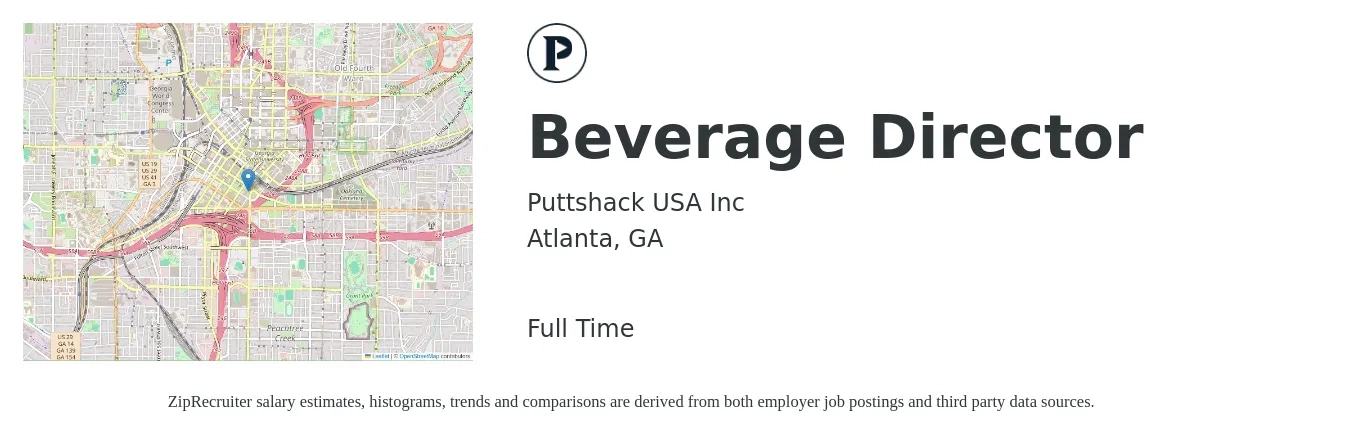 Puttshack USA Inc job posting for a Beverage Director in Atlanta, GA with a salary of $68,300 to $109,200 Yearly with a map of Atlanta location.