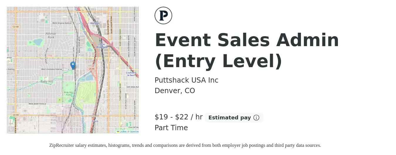 Puttshack USA Inc job posting for a Event Sales Admin (Entry Level) in Denver, CO with a salary of $20 to $23 Hourly with a map of Denver location.