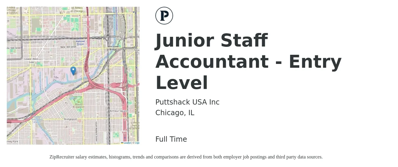 Puttshack USA Inc job posting for a Junior Staff Accountant - Entry Level in Chicago, IL with a salary of $26 to $32 Hourly with a map of Chicago location.