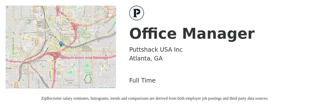 Puttshack USA Inc job posting for a Office Manager in Atlanta, GA with a salary of $38,000 to $56,000 Yearly with a map of Atlanta location.