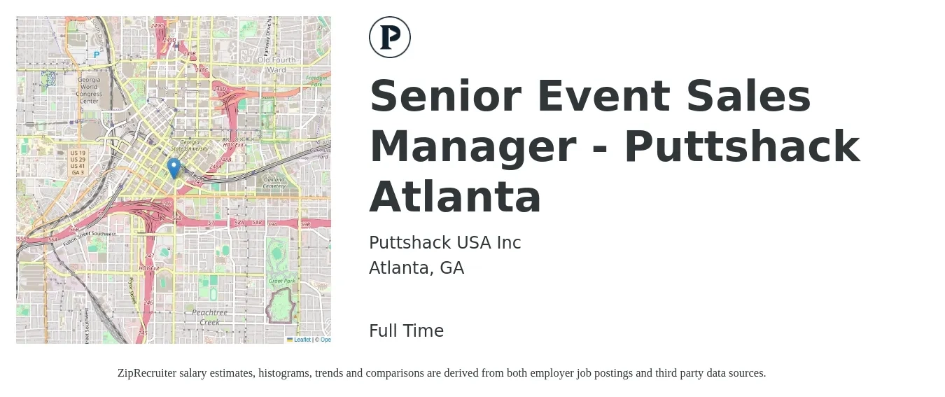 Puttshack USA Inc job posting for a Senior Event Sales Manager - Puttshack Atlanta in Atlanta, GA with a salary of $63,600 to $97,800 Yearly with a map of Atlanta location.
