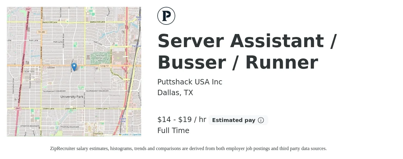 Puttshack USA Inc job posting for a Server Assistant / Busser / Runner in Dallas, TX with a salary of $15 to $20 Hourly with a map of Dallas location.