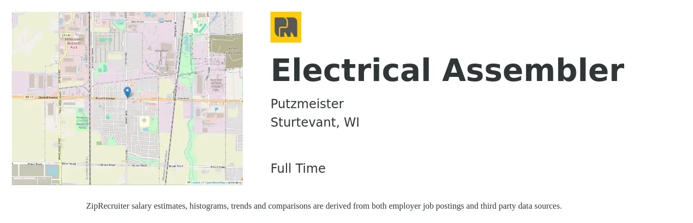 Putzmeister job posting for a Electrical Assembler in Sturtevant, WI with a salary of $17 to $21 Hourly with a map of Sturtevant location.
