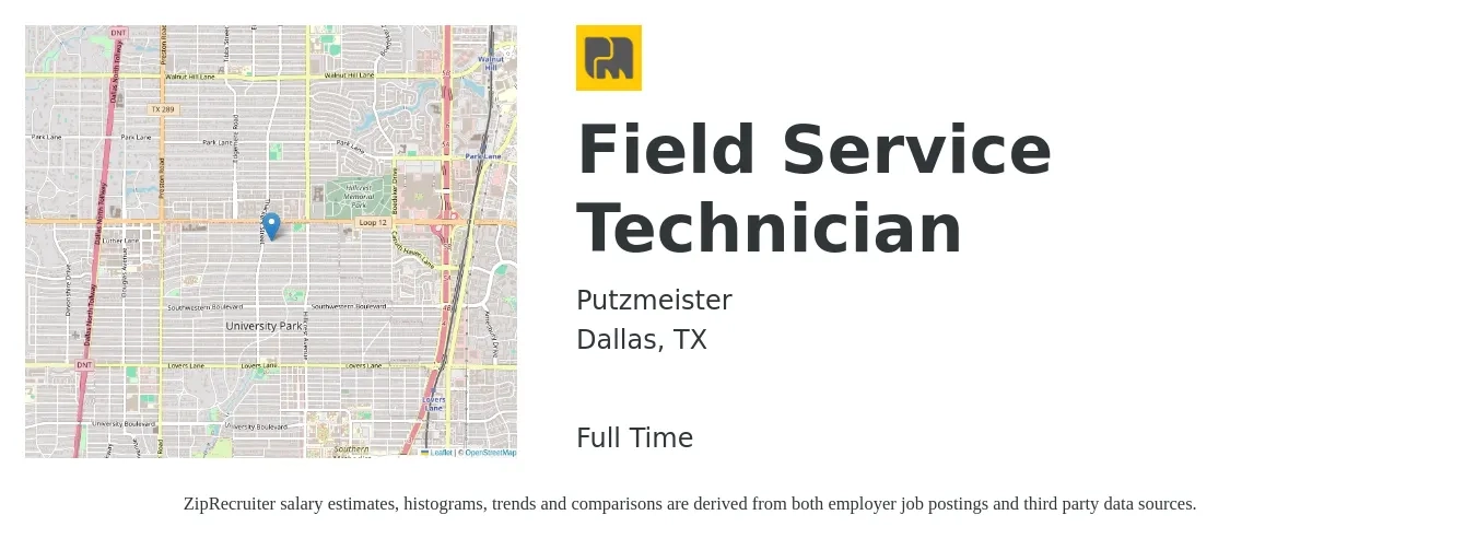 Putzmeister job posting for a Field Service Technician in Dallas, TX with a salary of $20 to $30 Hourly with a map of Dallas location.