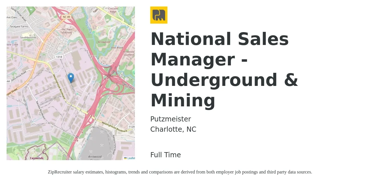 Putzmeister job posting for a National Sales Manager - Underground & Mining in Charlotte, NC with a salary of $81,600 to $114,800 Yearly with a map of Charlotte location.