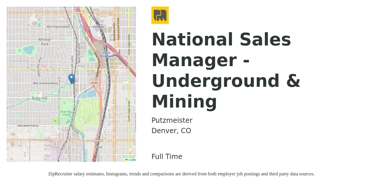 Putzmeister job posting for a National Sales Manager - Underground & Mining in Denver, CO with a salary of $85,900 to $120,900 Yearly with a map of Denver location.