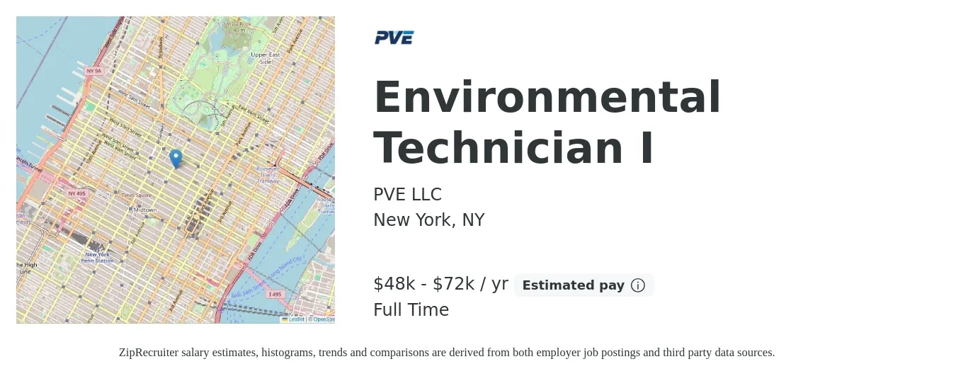 PVE LLC job posting for a Environmental Technician I in New York, NY with a salary of $48,000 to $72,000 Yearly with a map of New York location.