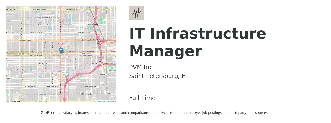 PVM Inc job posting for a IT Infrastructure Manager in Saint Petersburg, FL with a salary of $100,000 to $125,000 Yearly with a map of Saint Petersburg location.