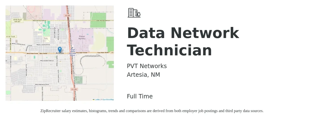 PVT Networks job posting for a Data Network Technician in Artesia, NM with a salary of $22 to $28 Hourly with a map of Artesia location.